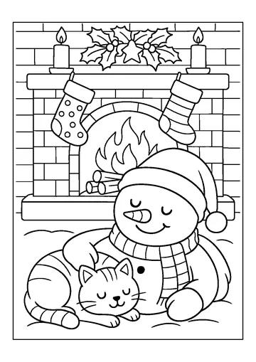 Snowman And Cat By The Fireplace coloring page
