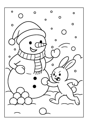 Snowman And Rabbit Snowball Fight coloring page