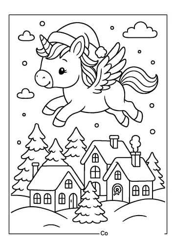 Flying Unicorn Over Snowy Village coloring page