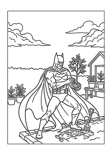 Batman Gardening and Planting a Tree coloring page