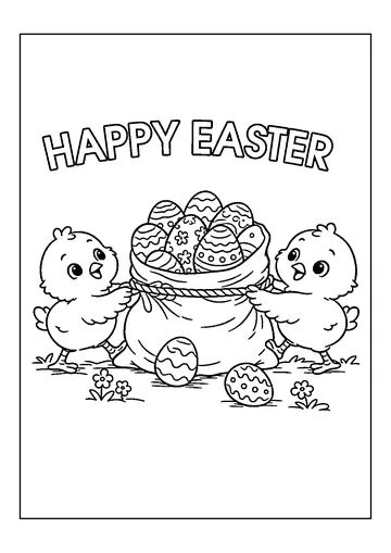 Easter Chicks Pulling a Bag of Easter Eggs coloring page