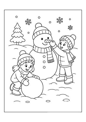 Kids Building A Snowman coloring page