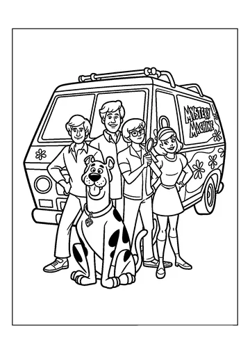 Mystery Inc with the Mystery Machine coloring page