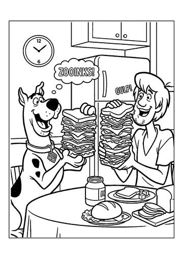 Scooby-Doo and Shaggy Eating Sandwiches coloring page