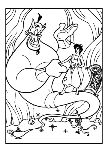 Aladdin and the Genie in the cave coloring page