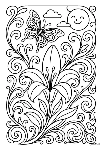 Happy butterfly in a flower garden coloring page