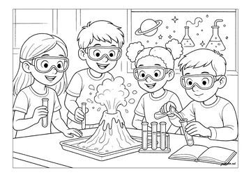 Scientific exploration with cheerful friends coloring page