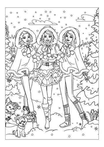 Three dressed-up Barbies ready for Christmas coloring page