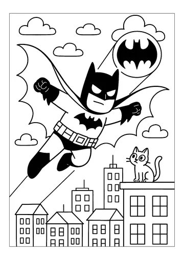 Batman in the sky observed by a little cat coloring page