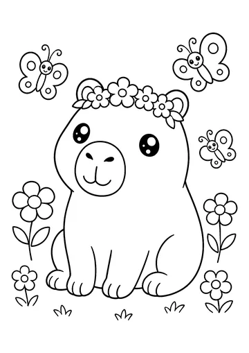 Capybara sitting with butterflies around coloring page