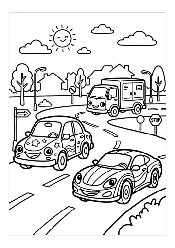 Joyful cars on a sunny road coloring page