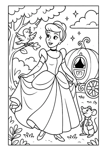 Cinderella with her beautiful dress and carriage coloring page
