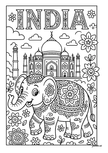 India: Elephant in the gardens of the Taj Mahal coloring page