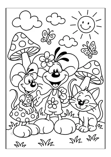 A sunny day with cheerful friends coloring page