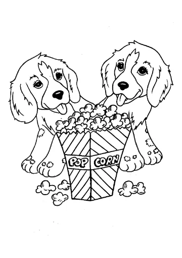 Two dogs eating popcorn coloring page