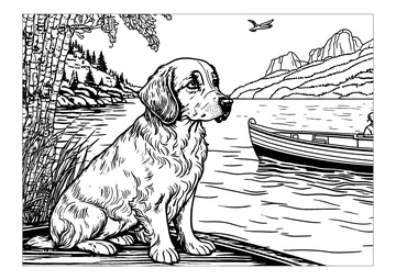 Dog on the bank, looking at a boat coloring page