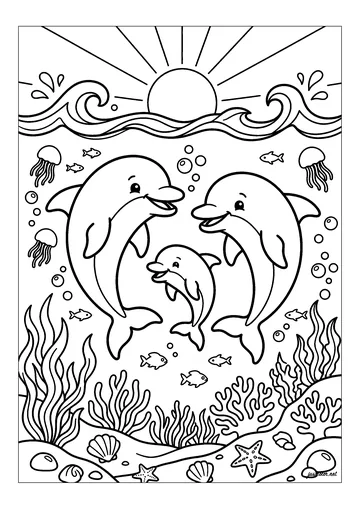 Joyful family of dolphins at sea coloring page