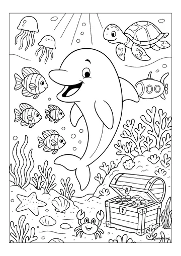 Underwater adventure with a dolphin and his friends coloring page