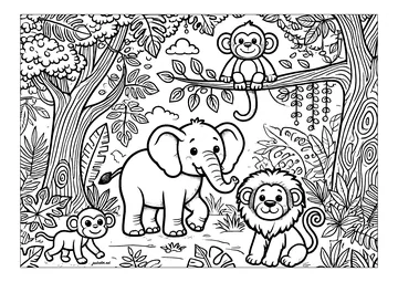 An elephant and his friends: a lion and two monkeys coloring page