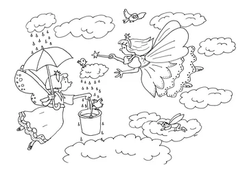 Pretty fairies having fun in the clouds to make the rain.... and the fine weather coloring page