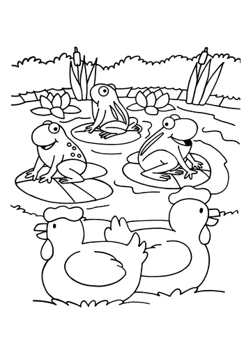 Frogs with chickens coloring page