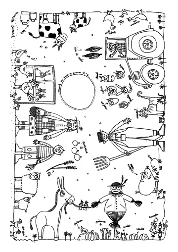 Several visuals and characters associated with the farm to color coloring page