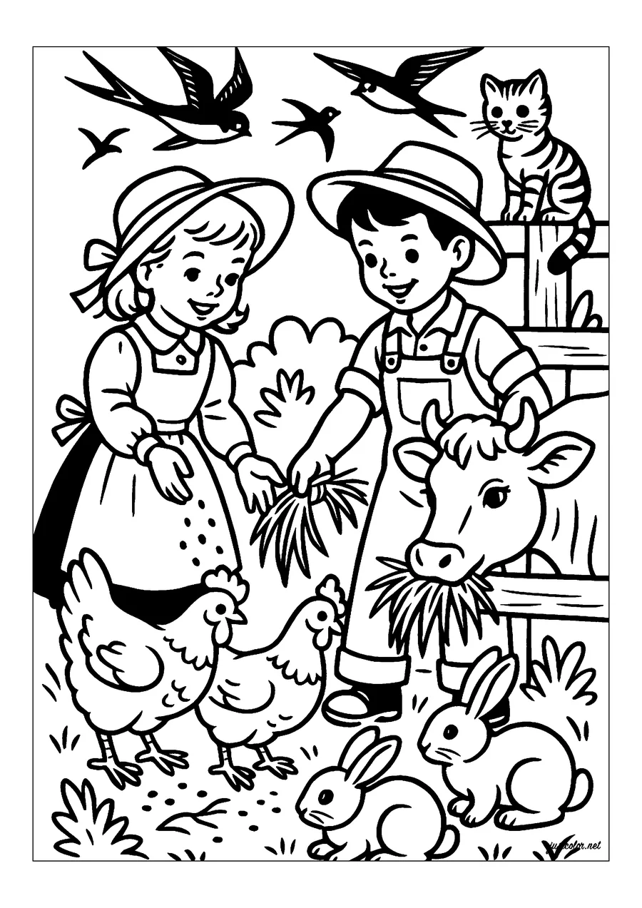 Vintage farm scene coloring page