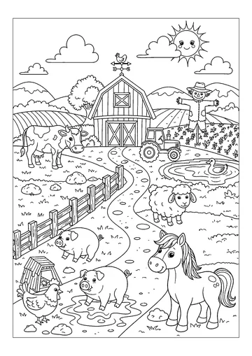 Happy morning on the farm coloring page