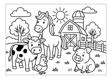 Smiling farm animals coloring page