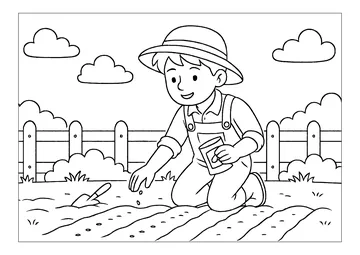 Young farmer sowing seeds in his vegetable garden coloring page