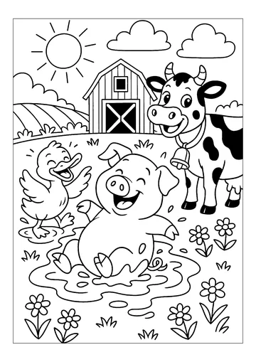 Duck, cow and pig coloring page