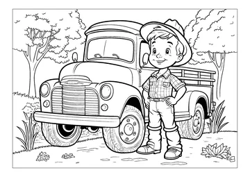 A young farmer and his truck coloring page