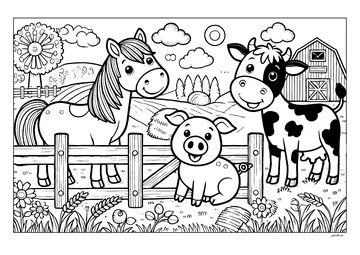 Farm animals: horse, cow and pig coloring page