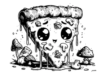 A slice of mischievous gourmet pizza (Kawaii style) coloring page