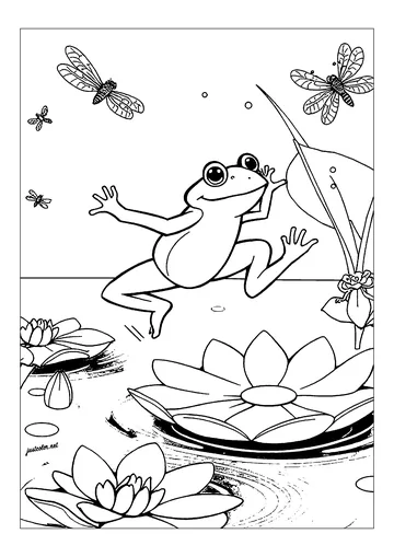 Frog hopping from lily pad to lily pad coloring page