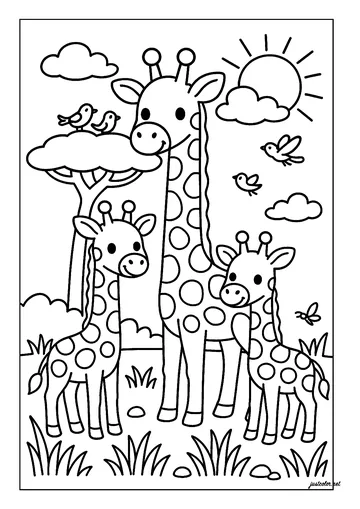 Family of giraffes in the savannah. coloring page