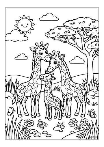 Three giraffes in the savanna coloring page