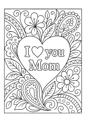 Cœur fleuri "I Love You Mom" coloring page