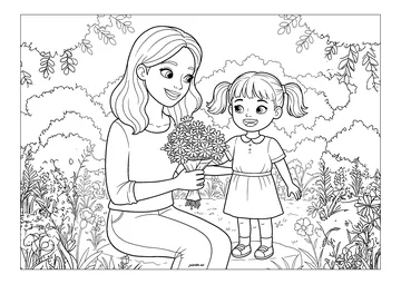 This little girl gives flowers to her mother coloring page