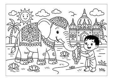 Sacred elephant and Taj Mahal coloring page