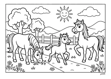 Three horses in the meadow coloring page