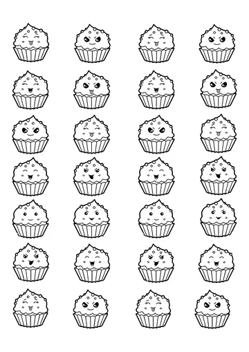 Pretty Kawaii cup cakes coloring page