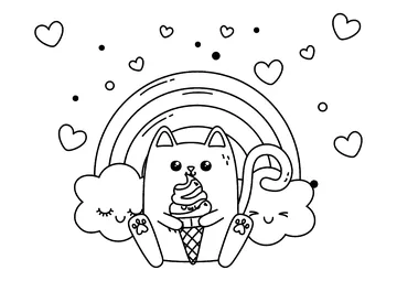 Little cat with an ice cream, in front of a pretty rainbow coloring page