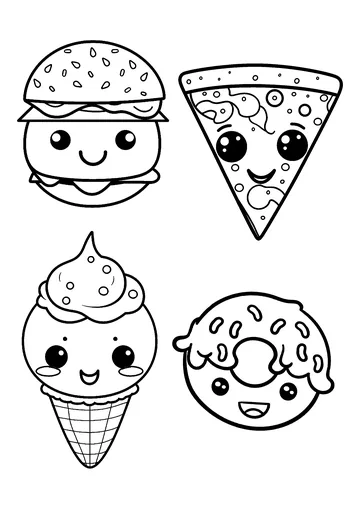 Burger, Pizza, Ice Cream and Donut coloring page