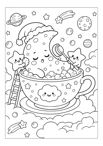 The moon taking its bath in space coloring page
