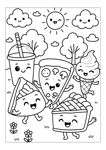 Pizza, milk shake, cake and ice cream coloring page