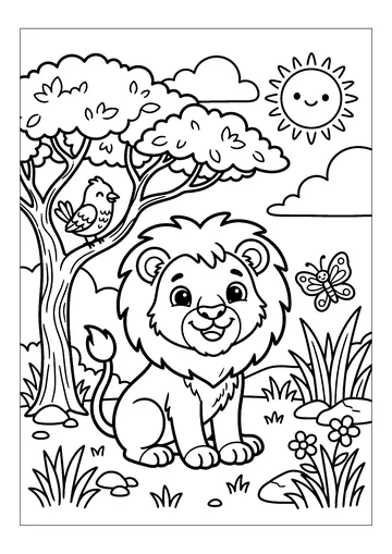 A lion sitting under a tree coloring page