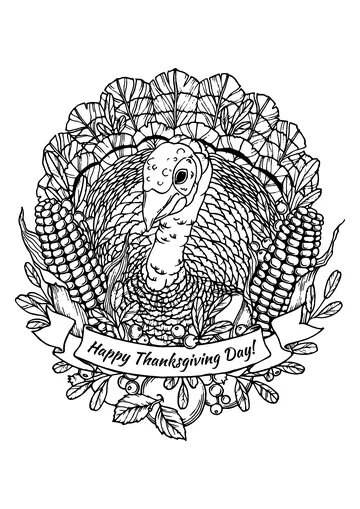 59191579 - thanksgiving day greeting card with turkey, vegetables and fruits in cartoon style. black and white coloring page