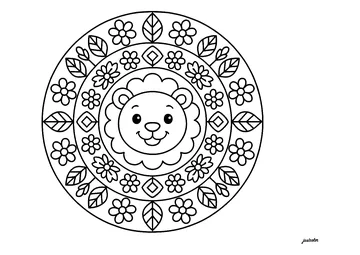 Majestic lion at the center of a mandala coloring page