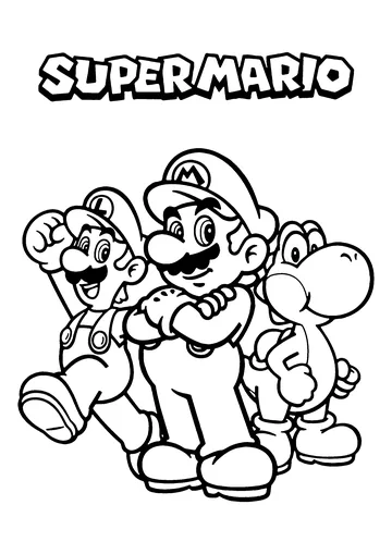 Mario, Luigi and Yoshi with SUPER MARIO logo coloring page